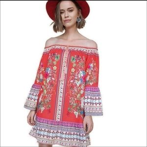 NWT Umgee Boho Scarf Print Off the Shoulder Mini Dress Large